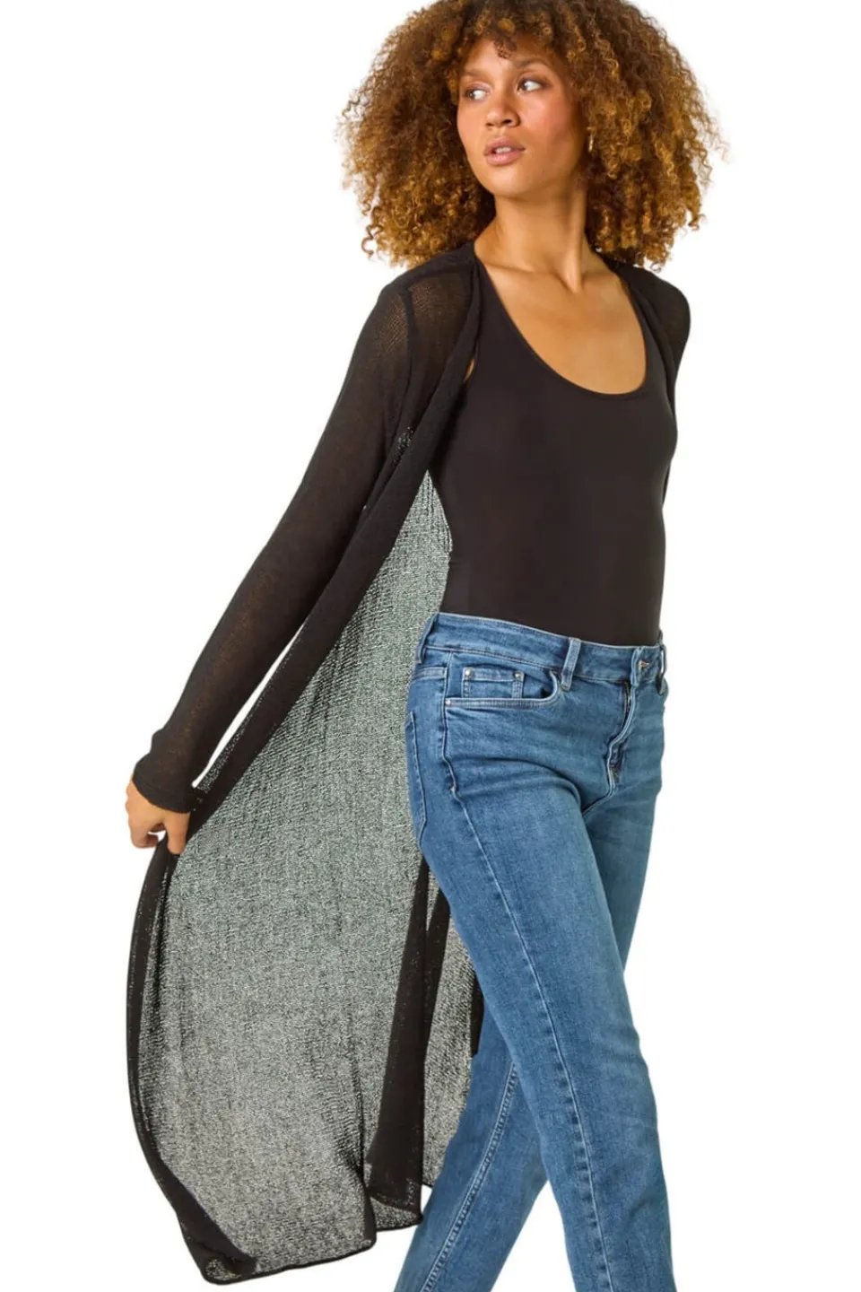 Tops>Roman Black Waterfall Knit Longline Cardigan
