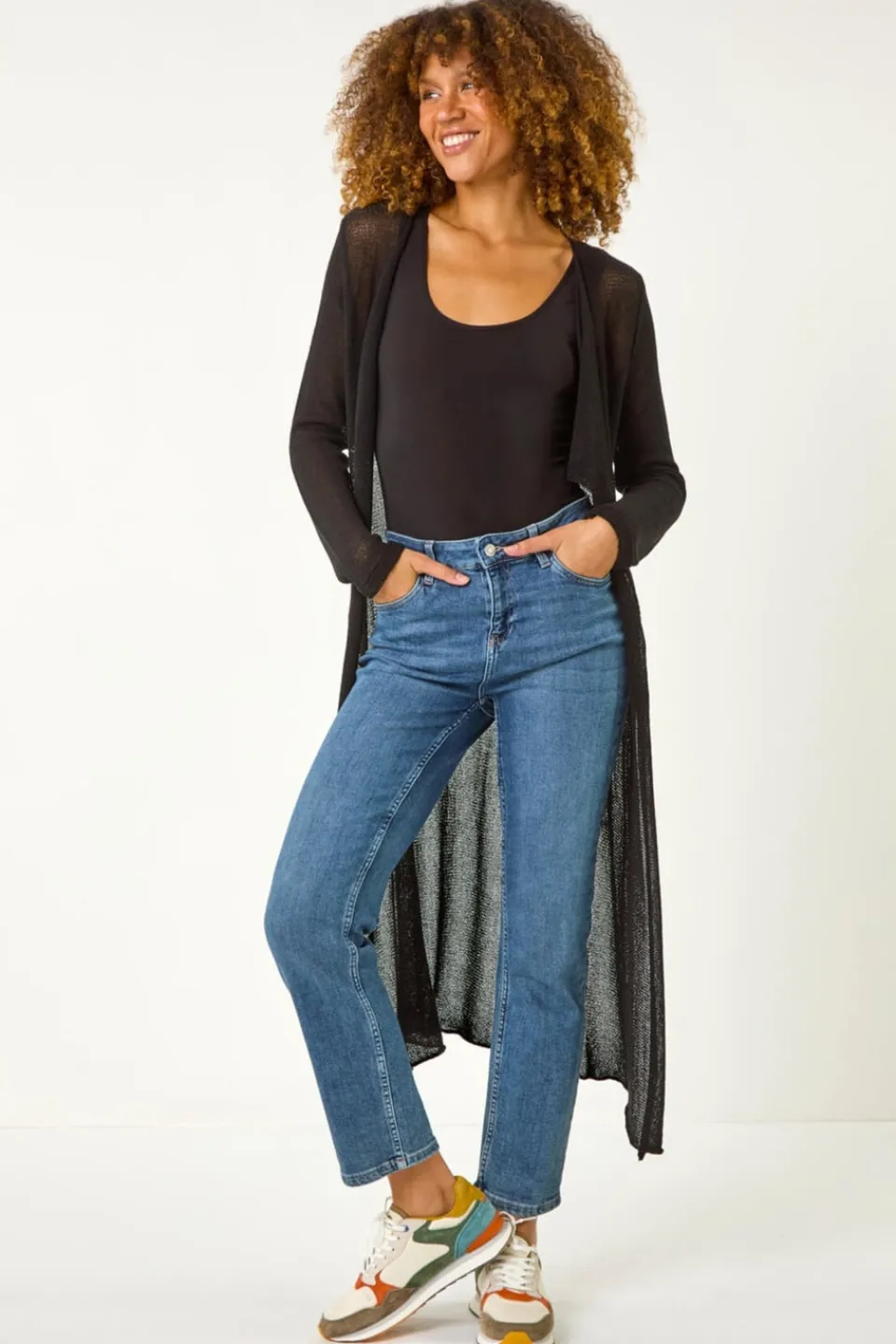 Tops>Roman Black Waterfall Knit Longline Cardigan