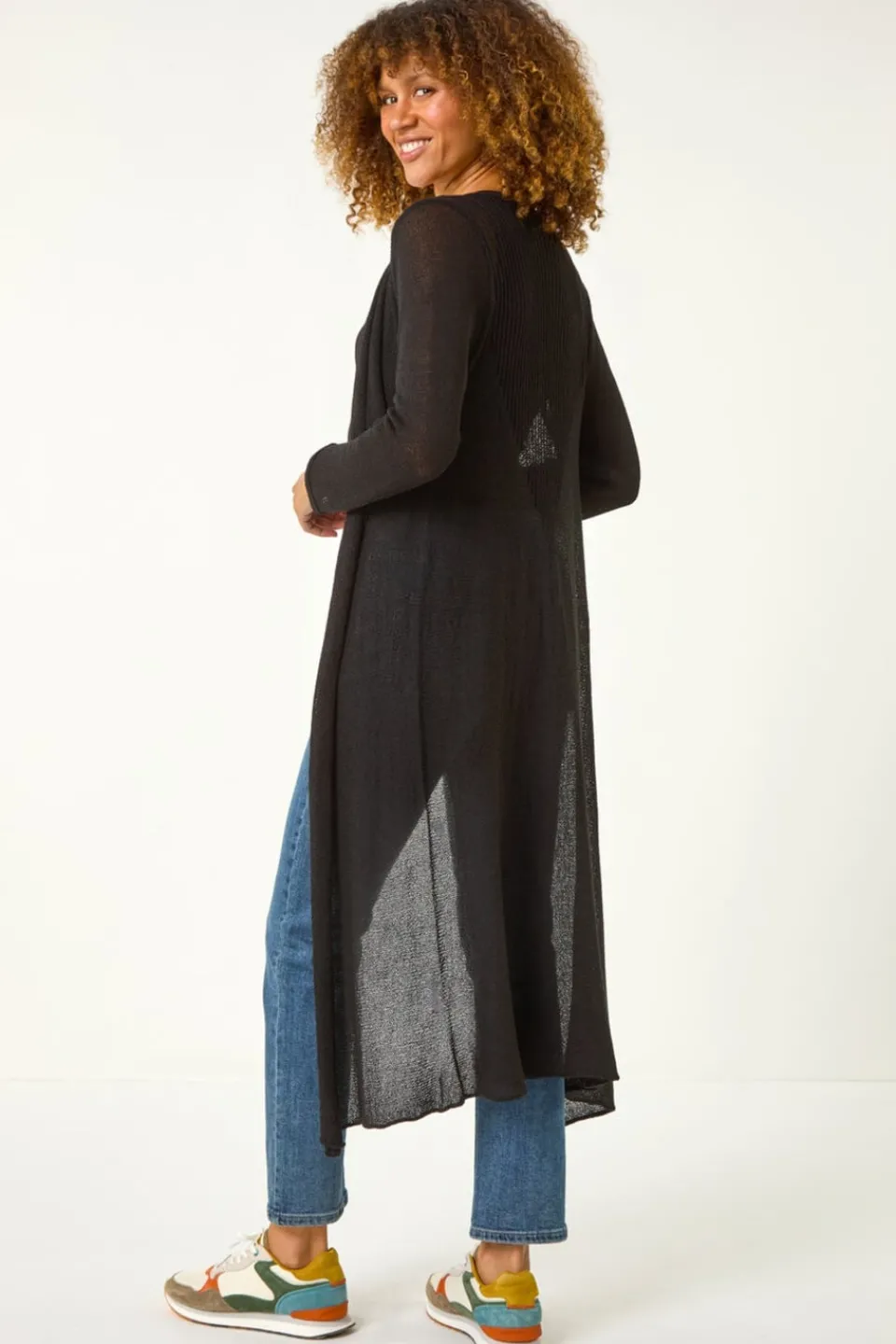 Tops>Roman Black Waterfall Knit Longline Cardigan