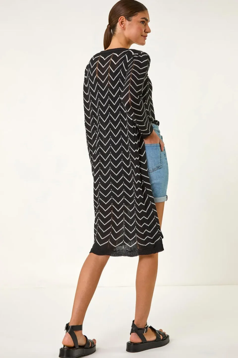 Knitwear>Roman Black Zig Zag Longline Cardigan
