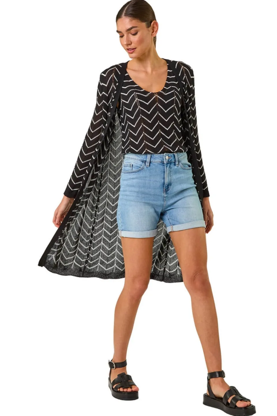 Knitwear>Roman Black Zig Zag Longline Cardigan