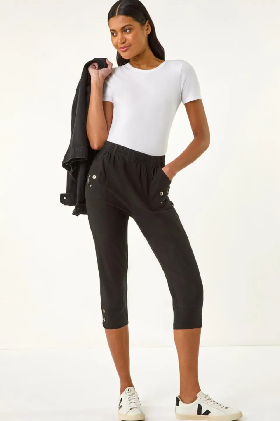 Trousers>Roman Black Zip Detail Bengaline Crop Trousers