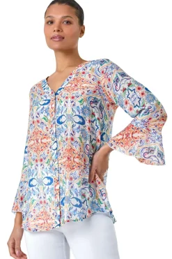 Tops>Roman Blue Abstract Floral Frill Sleeve Top