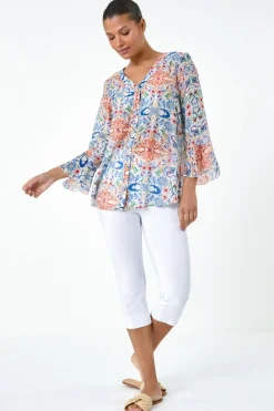 Tops>Roman Blue Abstract Floral Frill Sleeve Top