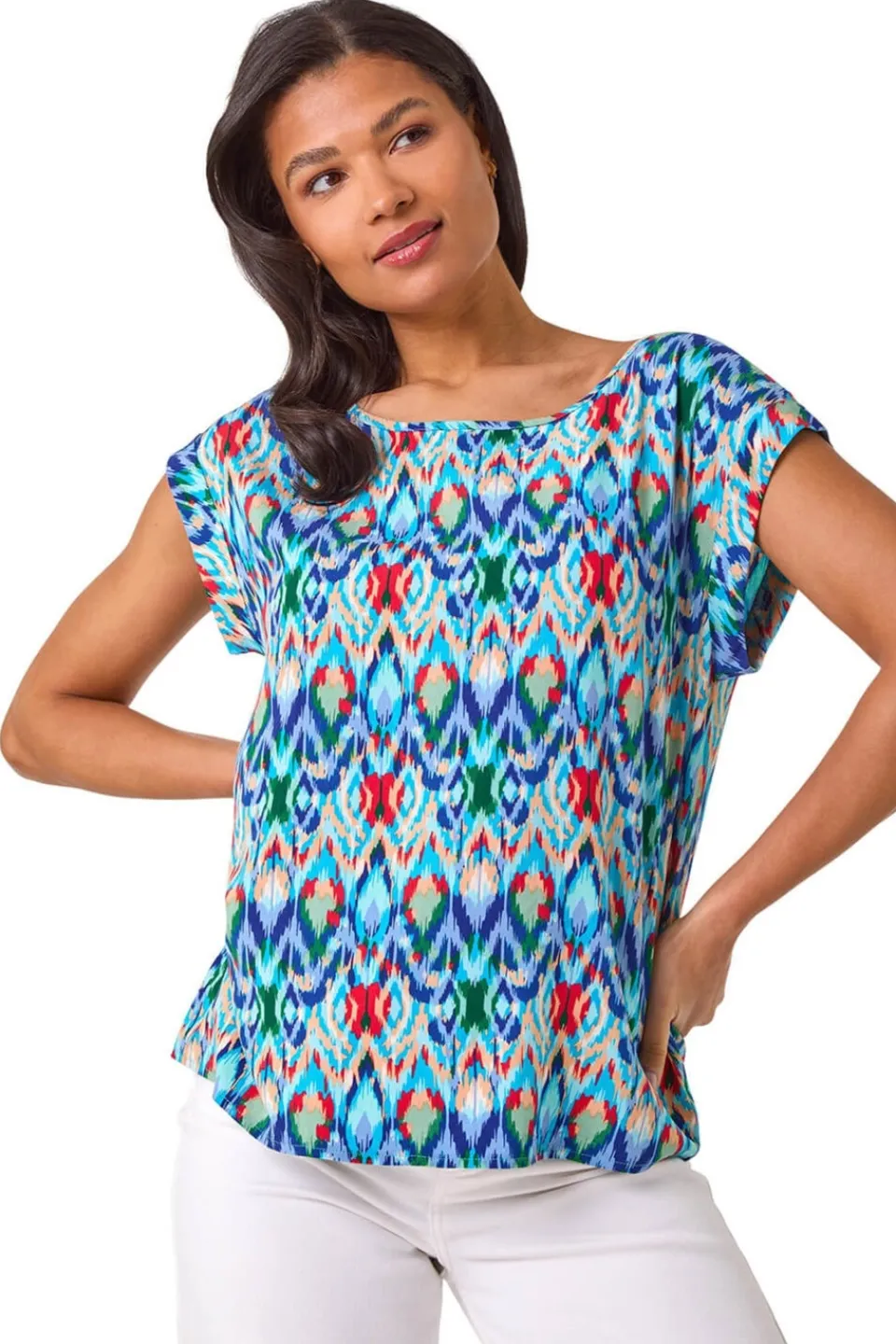 T-Shirts>Roman Blue Abstract Print Shell Top