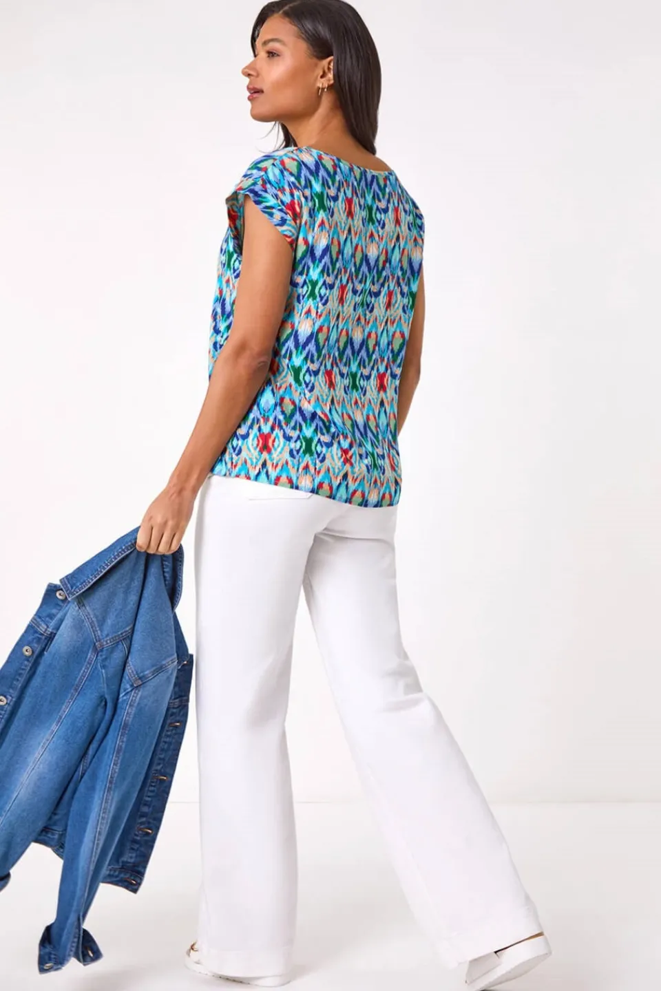 T-Shirts>Roman Blue Abstract Print Shell Top
