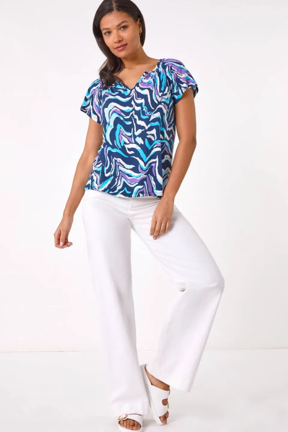 Tops>Roman Blue Abstract Print Hanky Hem Stretch Top