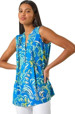Tops>Roman Blue Abstract Print V-Neck Vest
