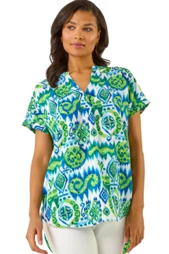 Tops>Roman Blue Abstract Print V-Neck Top