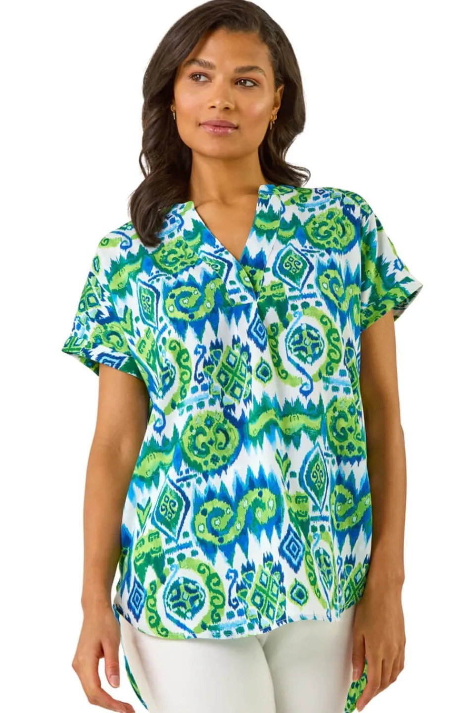 Tops>Roman Blue Abstract Print V-Neck Top