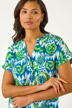 Tops>Roman Blue Abstract Print V-Neck Top