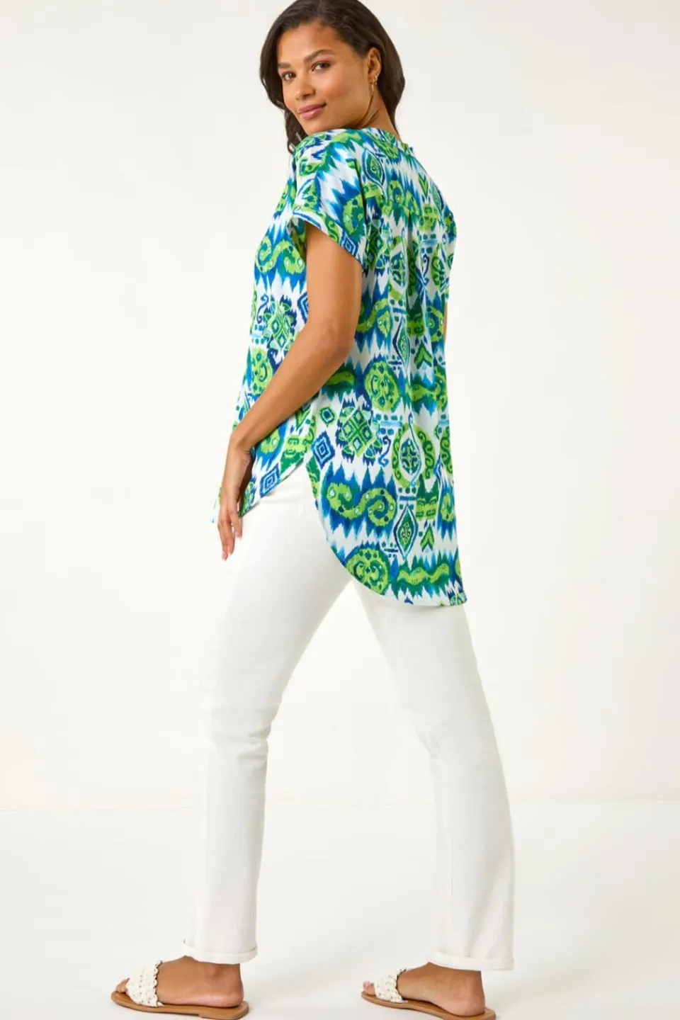 Tops>Roman Blue Abstract Print V-Neck Top