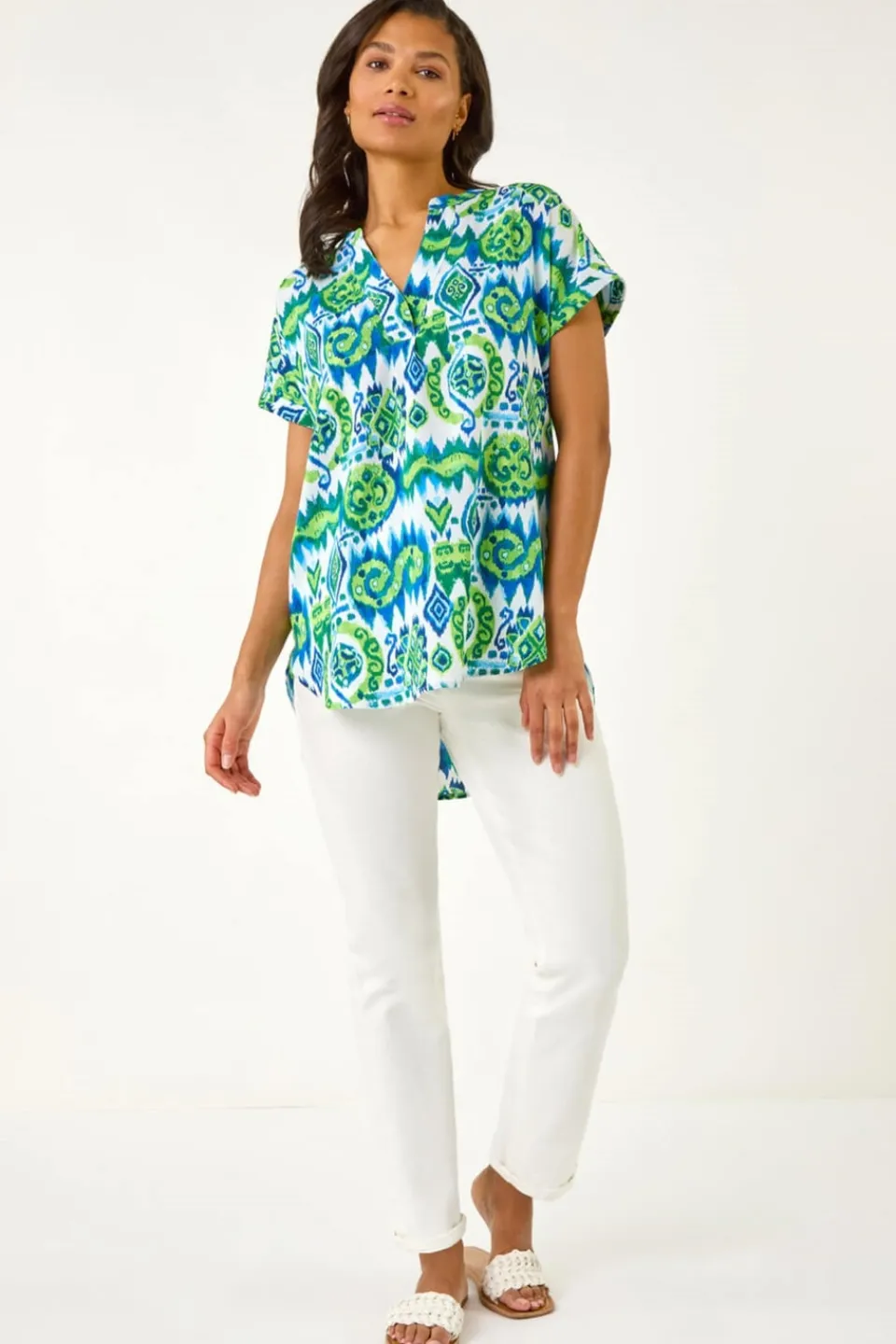 Tops>Roman Blue Abstract Print V-Neck Top