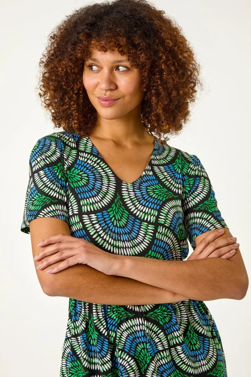 Dresses>Roman Blue Abstract Print Stretch Midi Dress