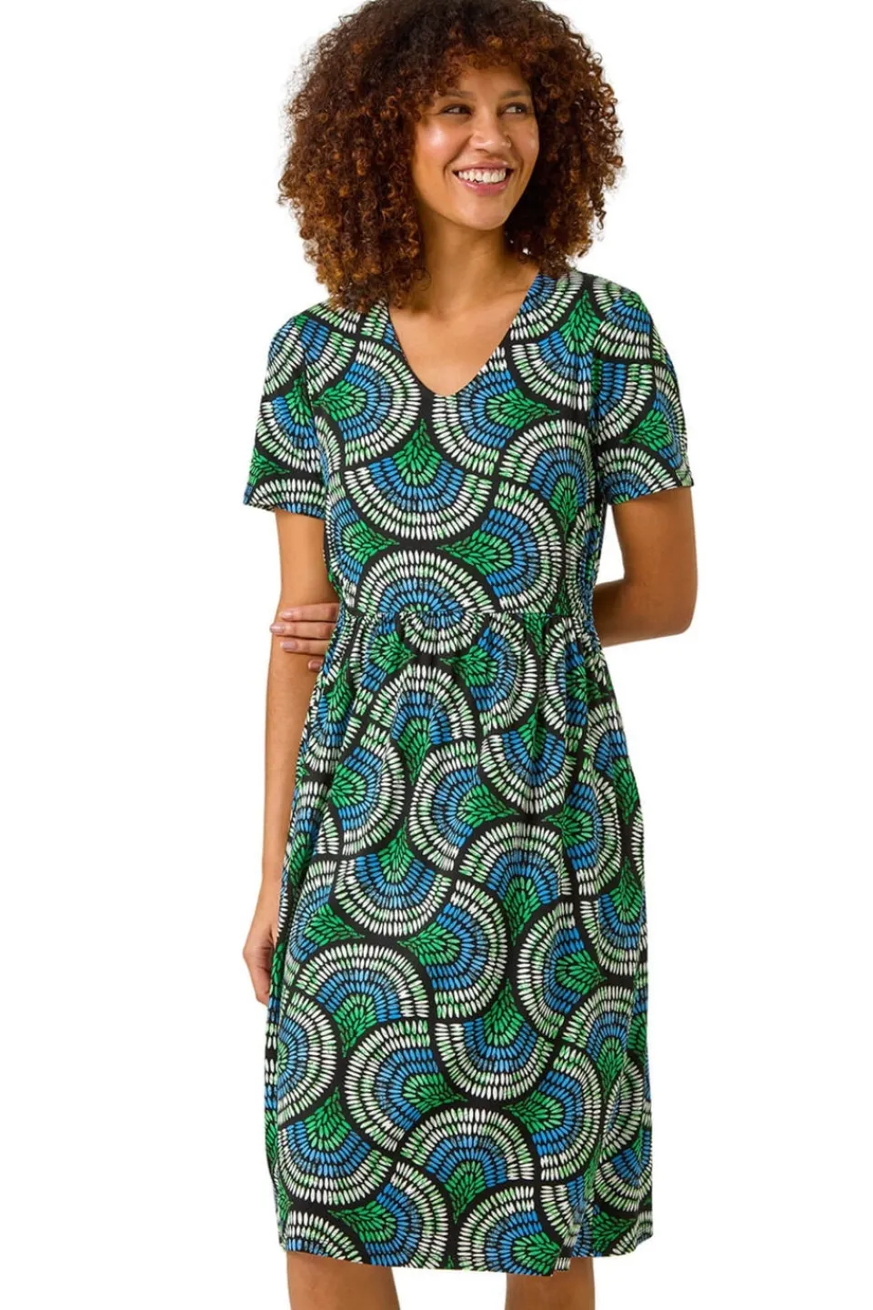 Dresses>Roman Blue Abstract Print Stretch Midi Dress