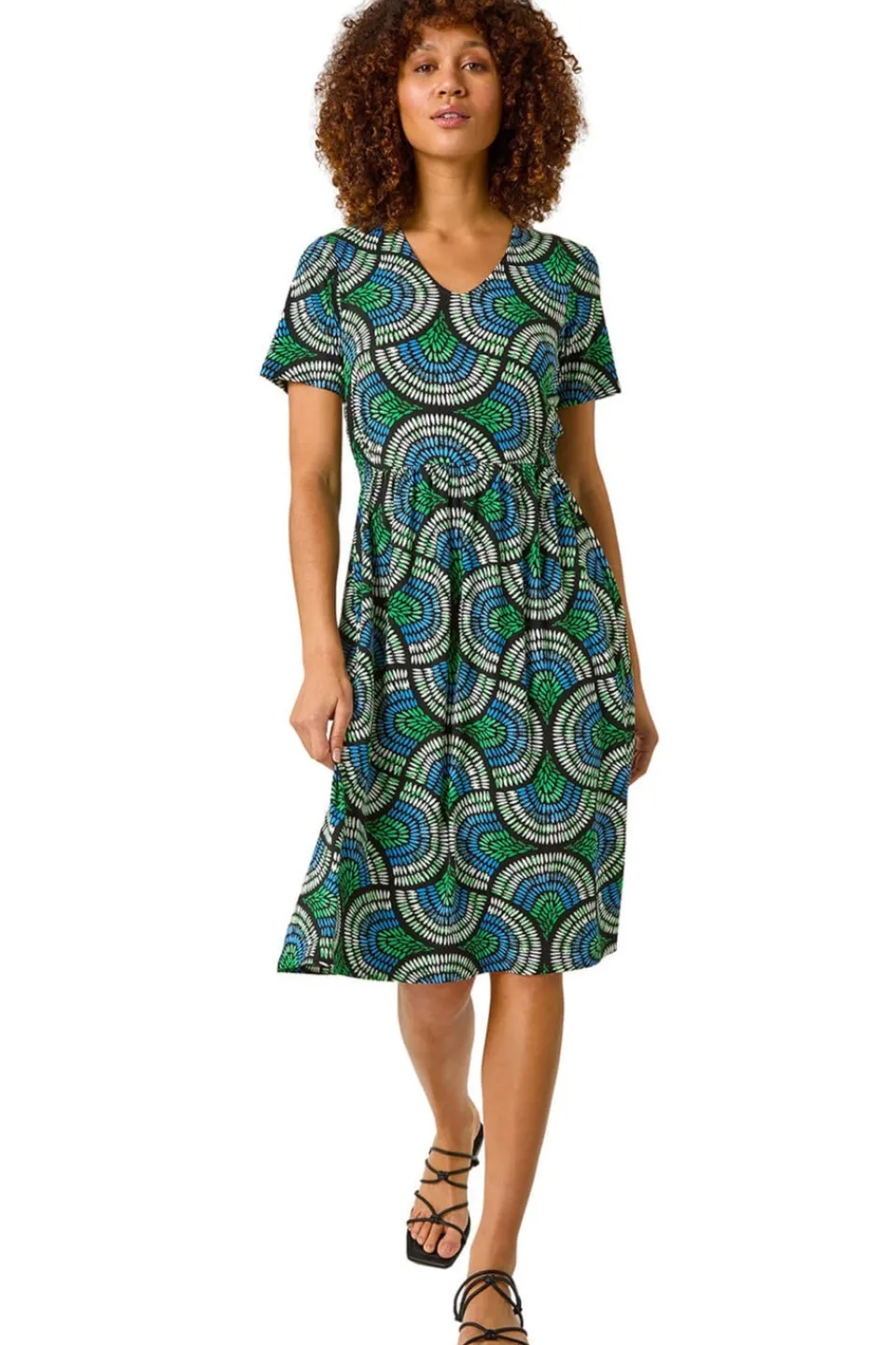 Dresses>Roman Blue Abstract Print Stretch Midi Dress