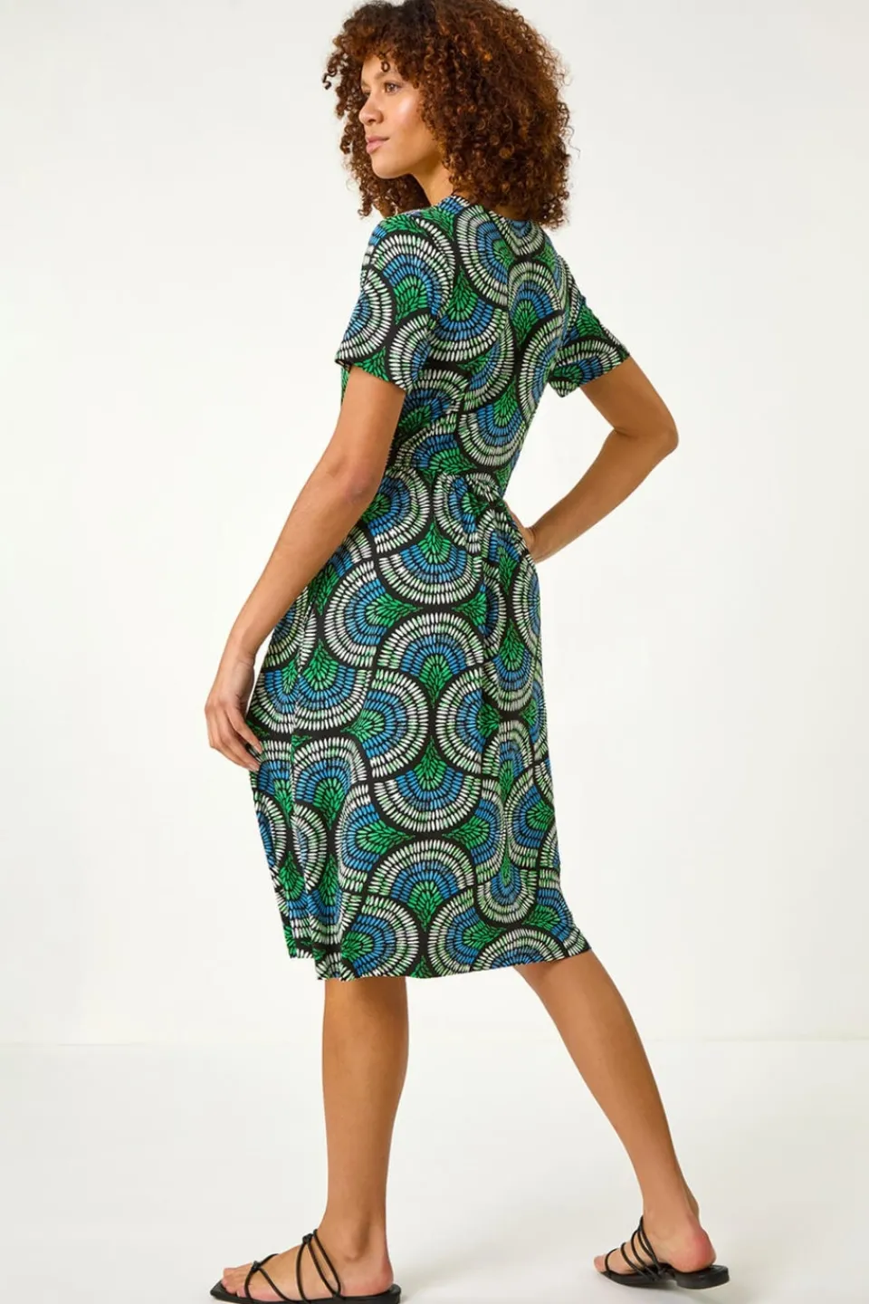 Dresses>Roman Blue Abstract Print Stretch Midi Dress