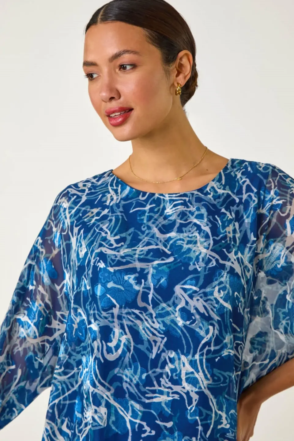 Tops>Roman Blue Abstract Print Overlay Tunic Top