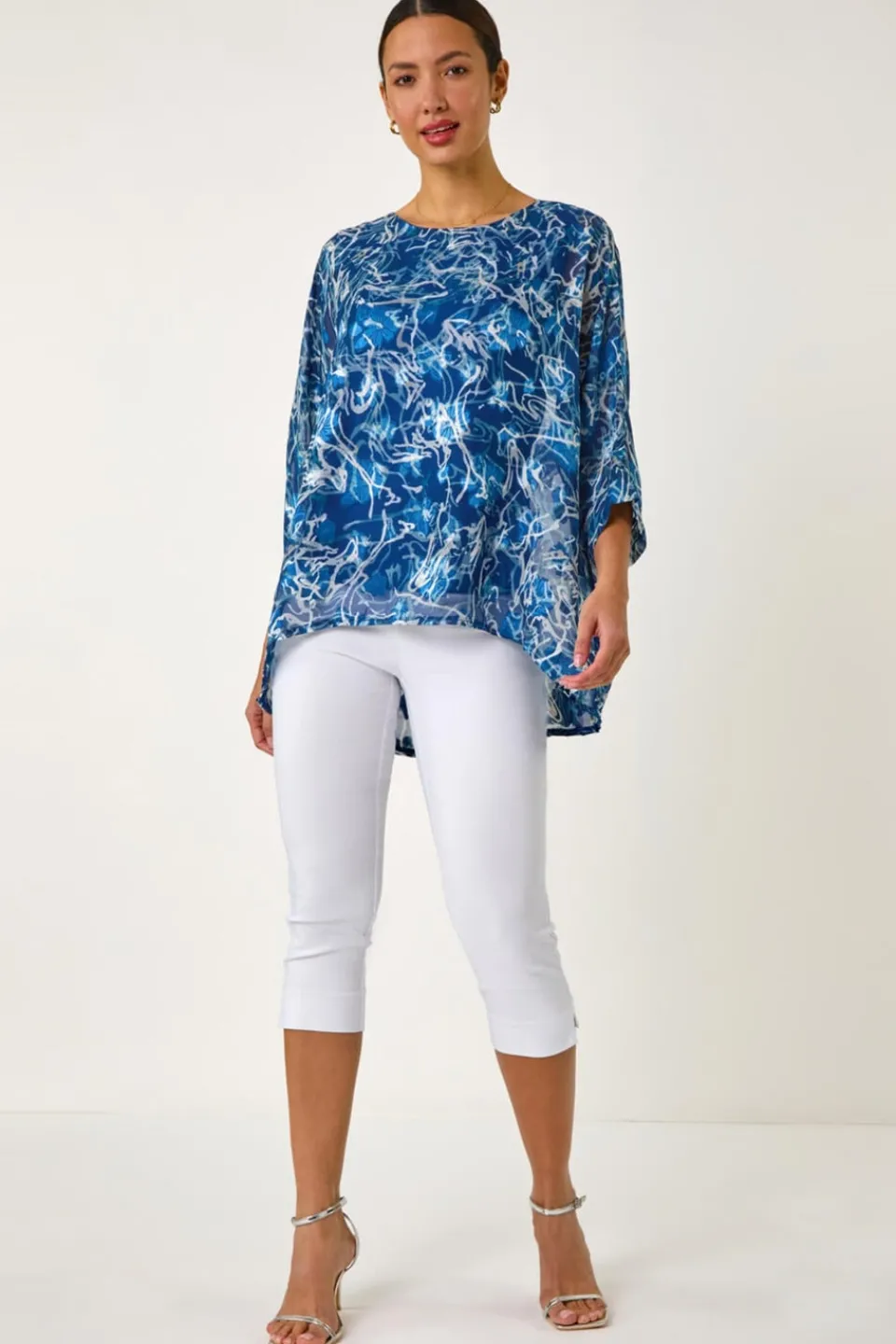 Tops>Roman Blue Abstract Print Overlay Tunic Top
