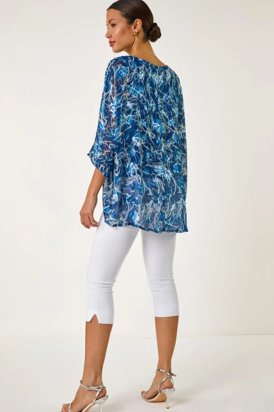 Tops>Roman Blue Abstract Print Overlay Tunic Top