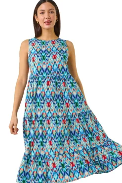 Dresses>Roman Blue Abstract Print Smock Midi Dress