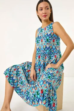 Dresses>Roman Blue Abstract Print Smock Midi Dress