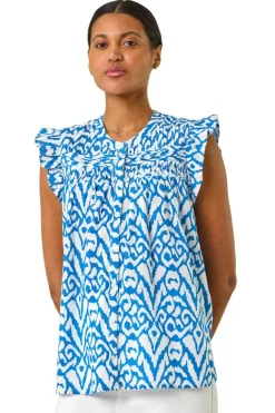 Tops>Roman Blue Abstract Print Pleated Sleeve Blouse