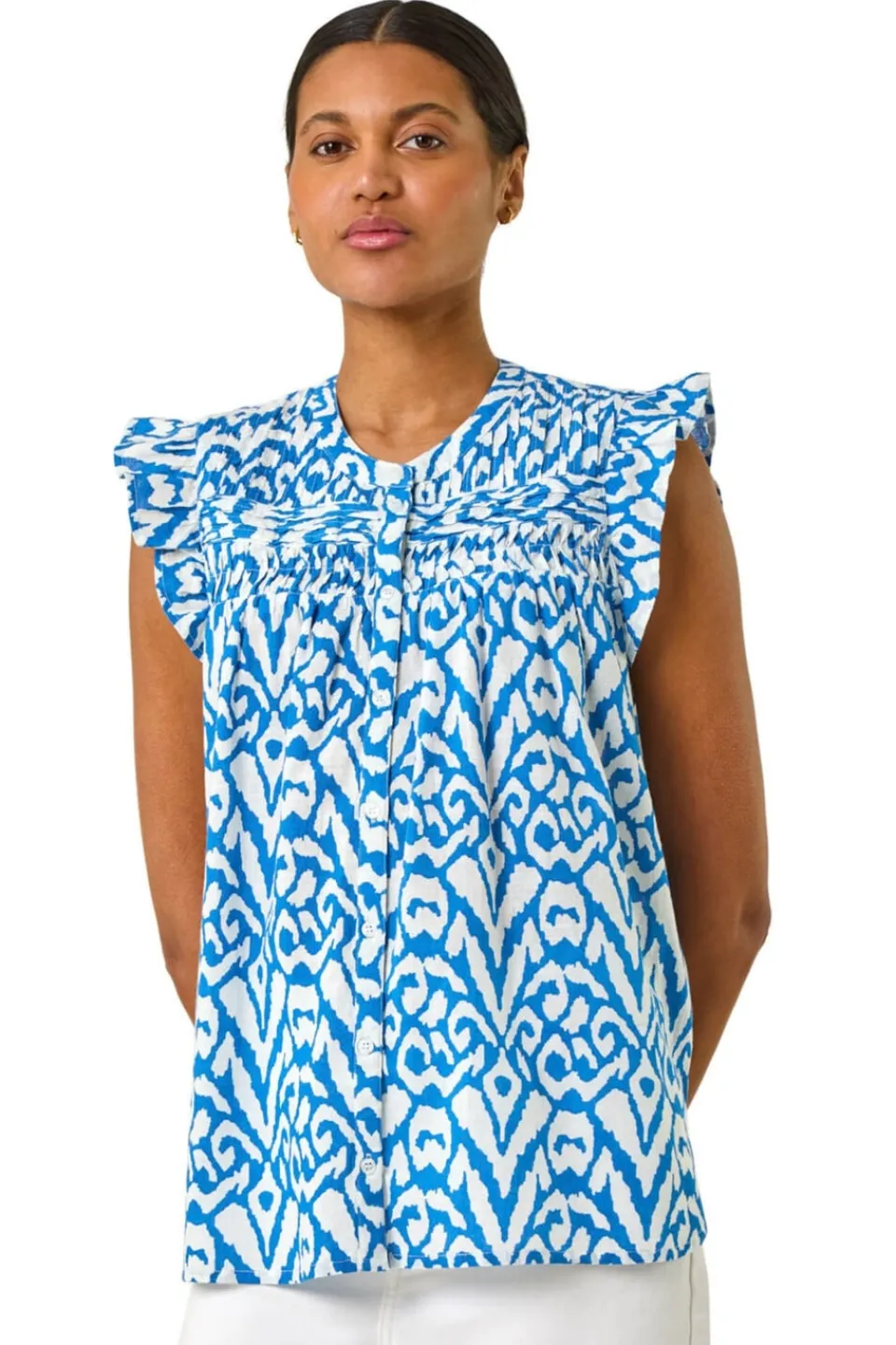 Tops>Roman Blue Abstract Print Pleated Sleeve Blouse