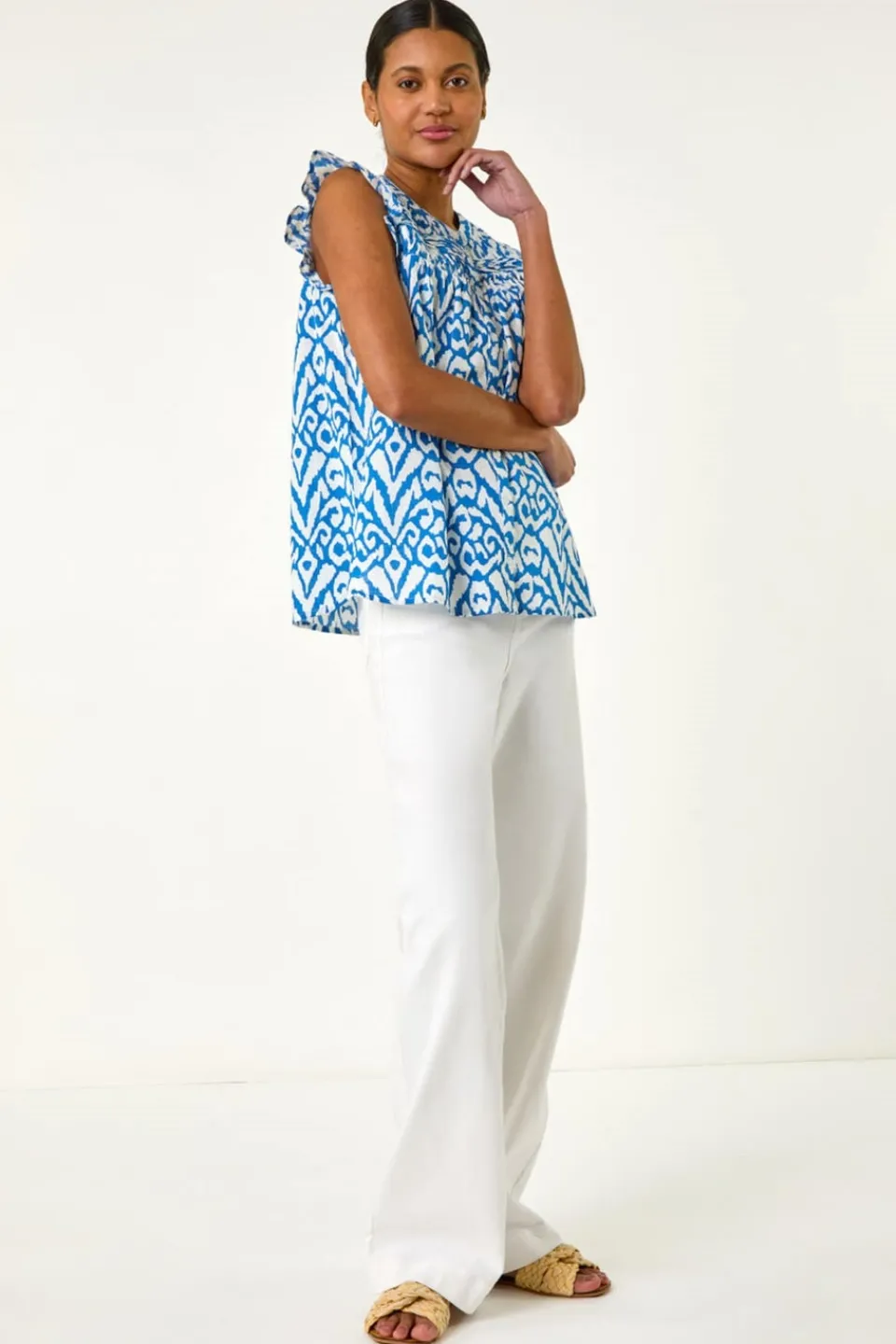 Tops>Roman Blue Abstract Print Pleated Sleeve Blouse
