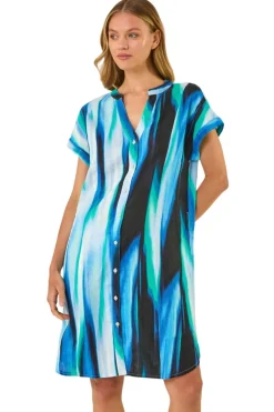 Dresses>Roman Blue Abstract Printed Linen Shift Dress