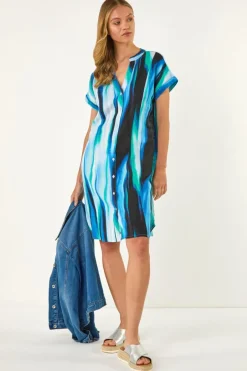 Dresses>Roman Blue Abstract Printed Linen Shift Dress