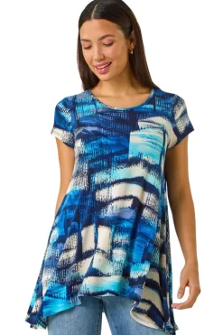 Tops>Roman Blue Abstract Print Stretch Tunic Top