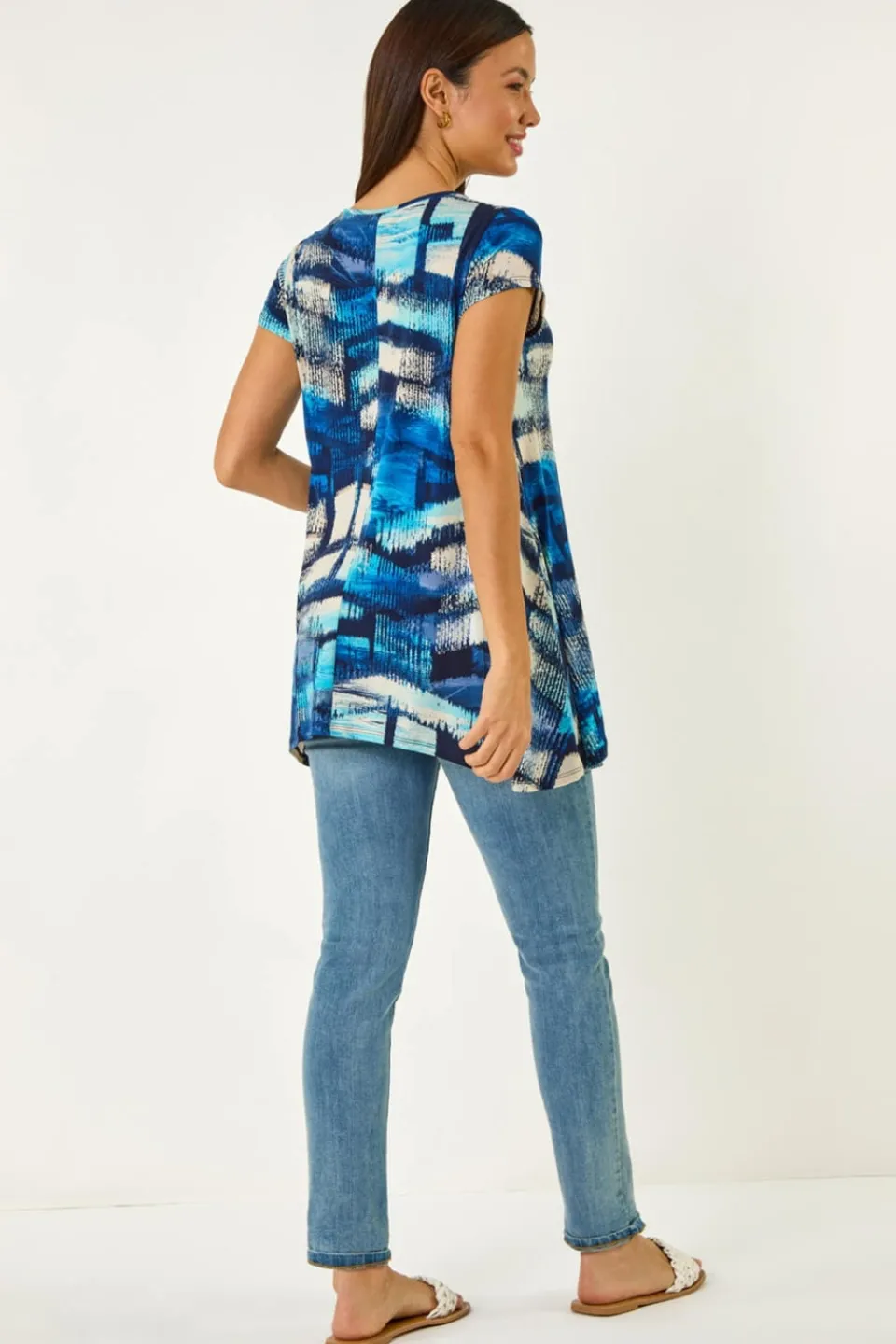 Tops>Roman Blue Abstract Print Stretch Tunic Top