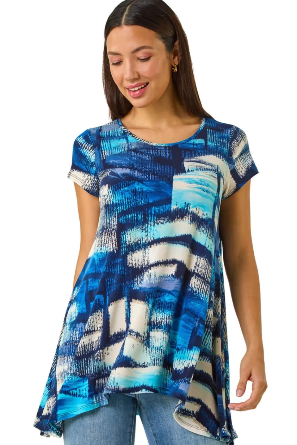 Tops>Roman Blue Abstract Print Stretch Tunic Top
