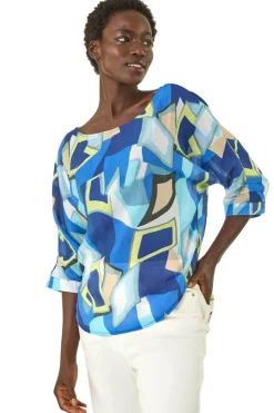 Tops>Roman Blue Abstract Print Stretch Top