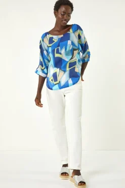 Tops>Roman Blue Abstract Print Stretch Top