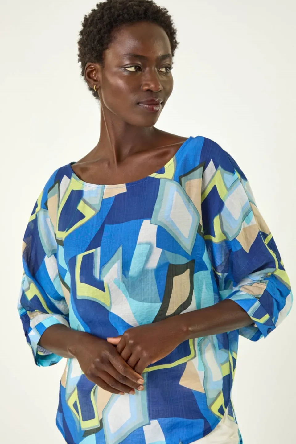 Tops>Roman Blue Abstract Print Stretch Top