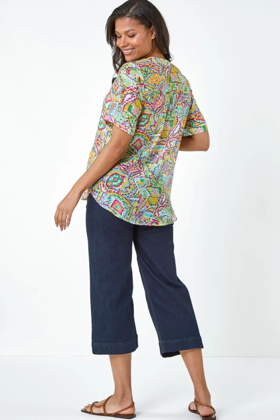 Tops>Roman Blue Abstract Print Button Detail Top