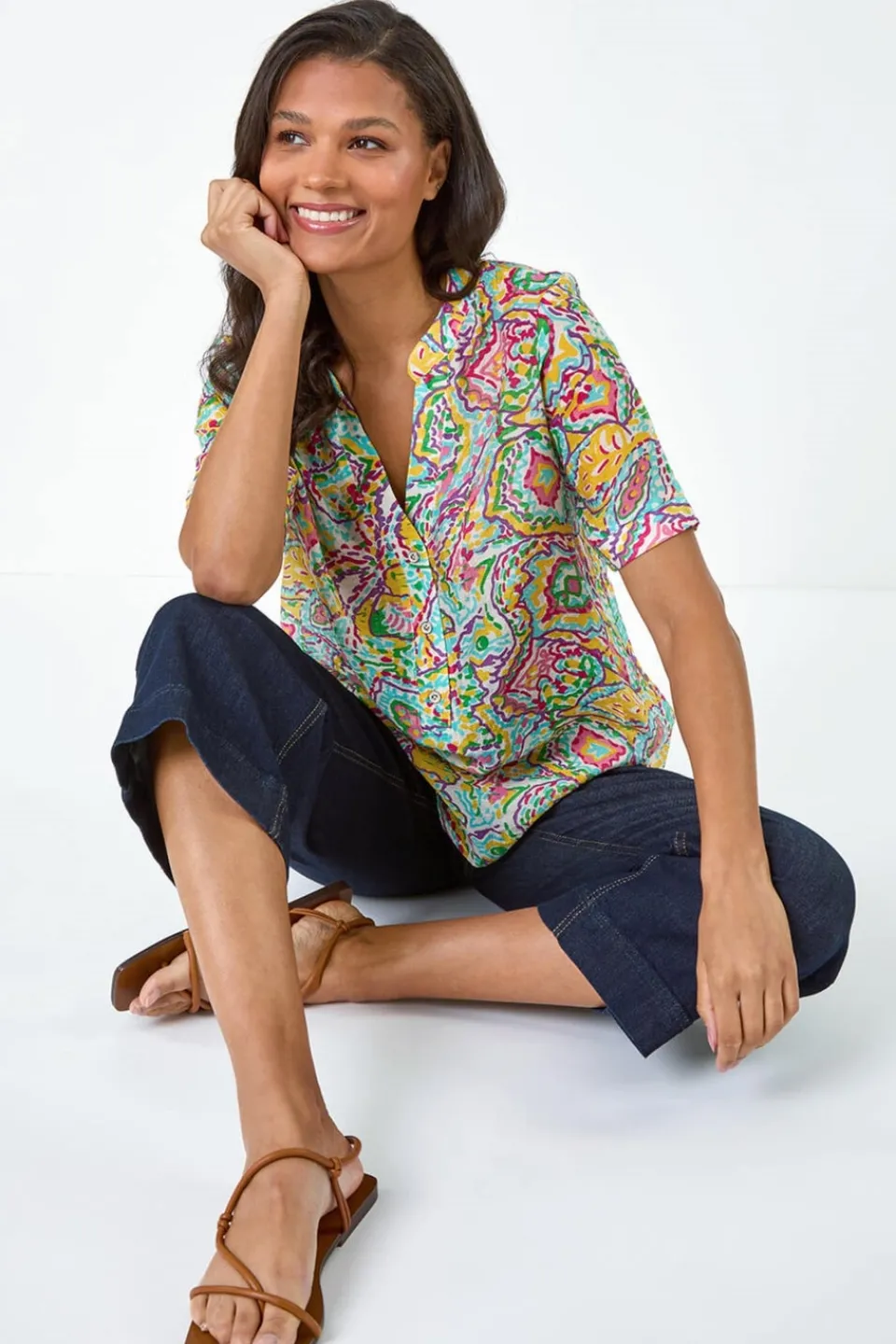Tops>Roman Blue Abstract Print Button Detail Top