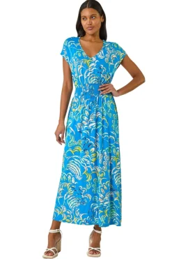 Dresses>Roman Blue Abstract Ruched Maxi Dress