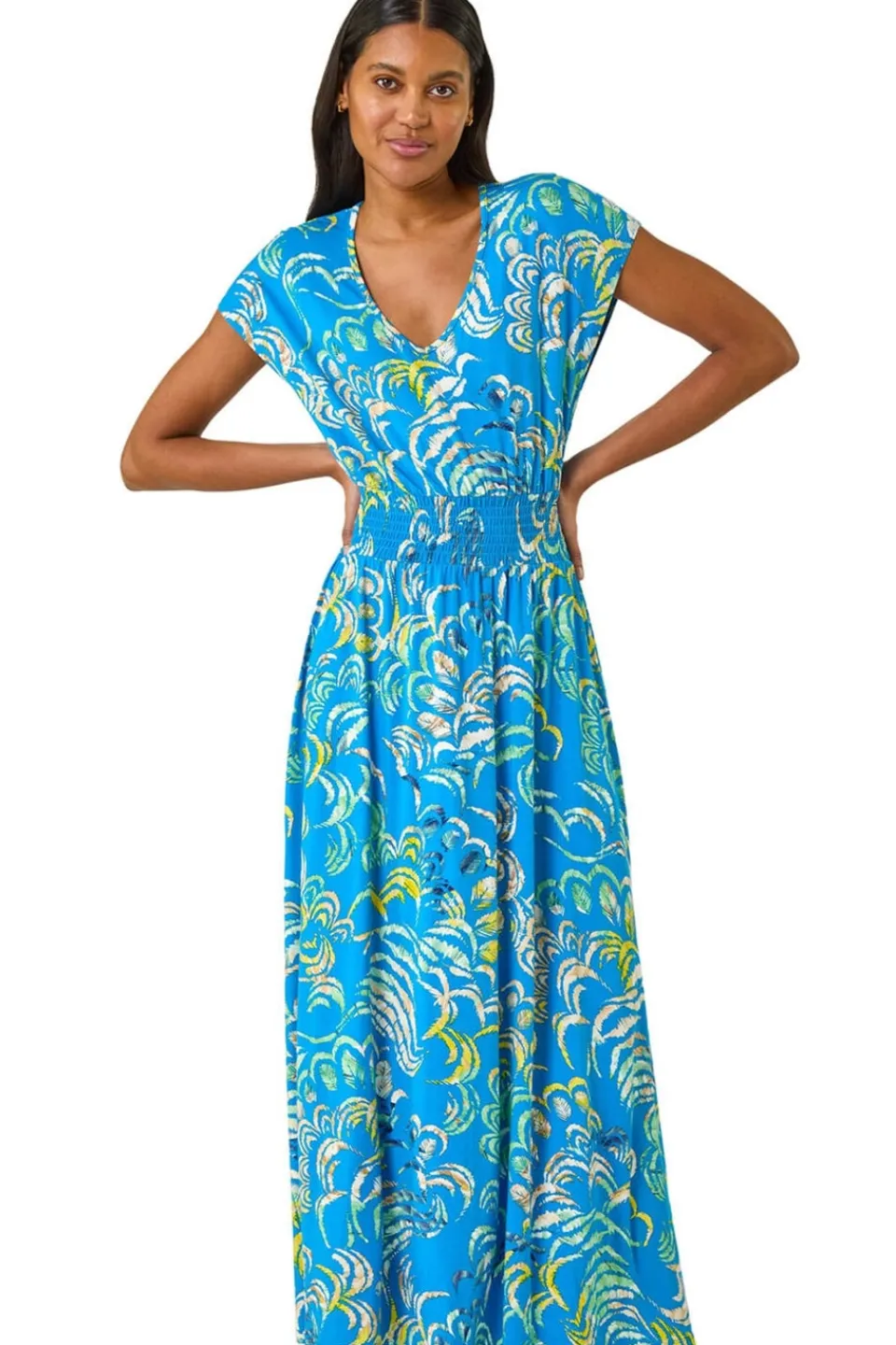 Dresses>Roman Blue Abstract Ruched Maxi Dress