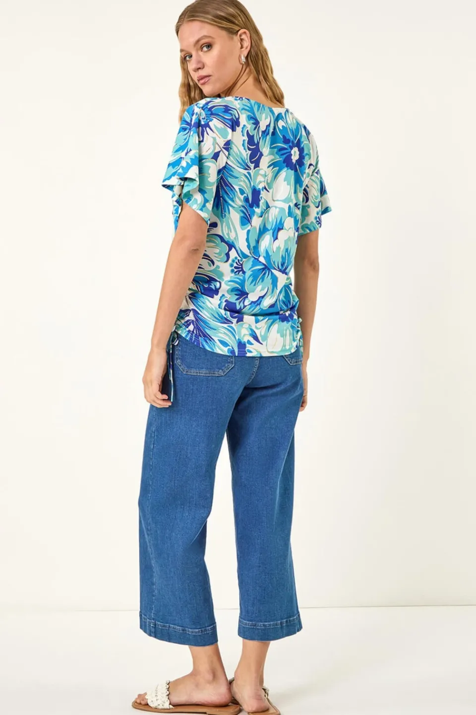 Tops>Roman Blue Abstract Ruched Side Stretch Top