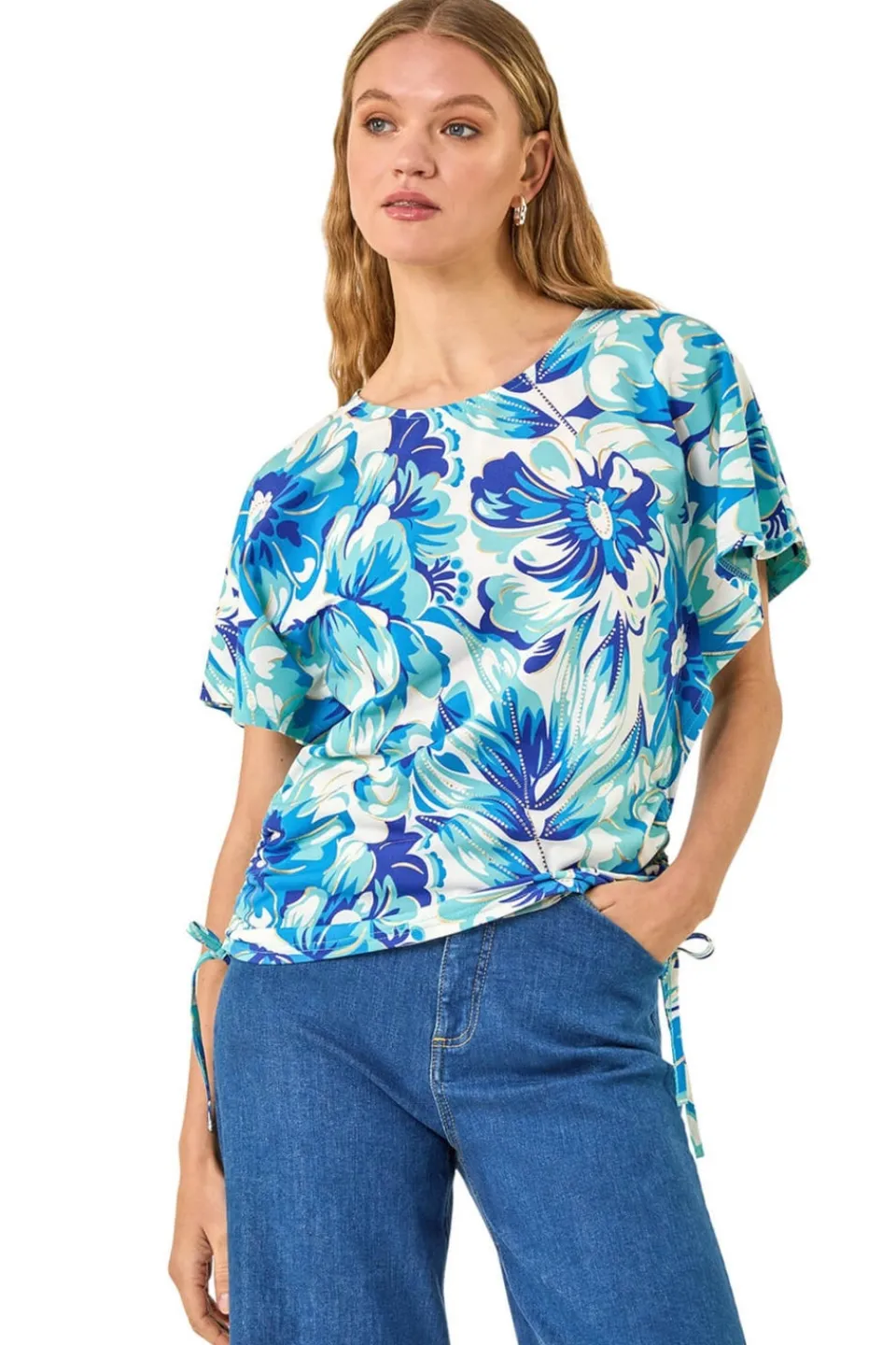 Tops>Roman Blue Abstract Ruched Side Stretch Top