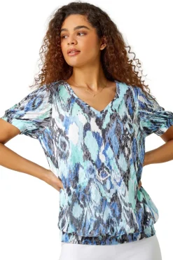T-Shirts>Roman Blue Animal Burnout Print Blouson Stretch Top