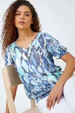 T-Shirts>Roman Blue Animal Burnout Print Blouson Stretch Top