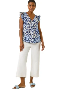 Tops>Roman Blue Animal Print Frill Sleeve Blouse