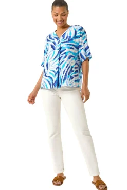 Tops>Roman Blue Animal Print Pleated Tunic Top