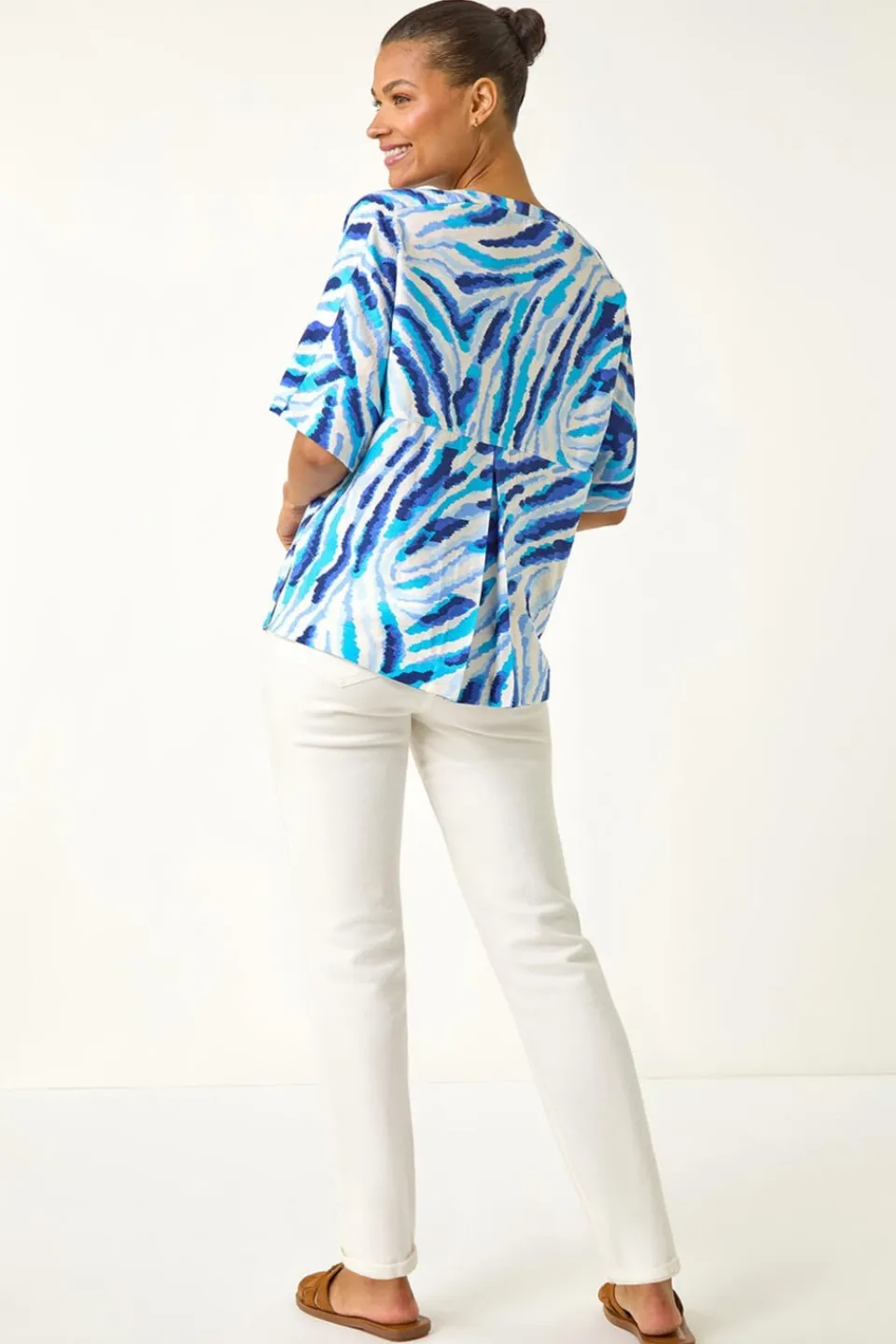Tops>Roman Blue Animal Print Pleated Tunic Top