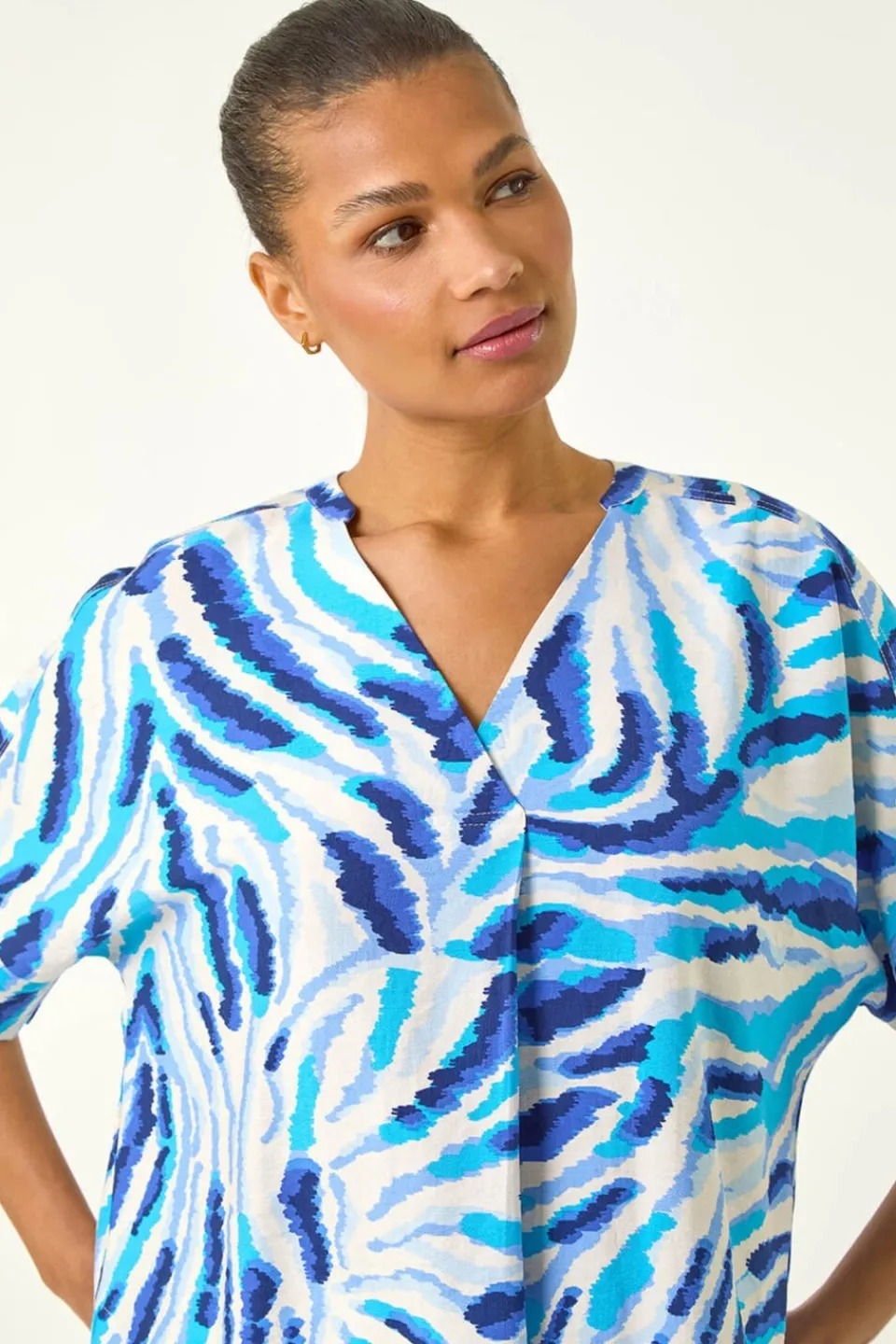 Tops>Roman Blue Animal Print Pleated Tunic Top