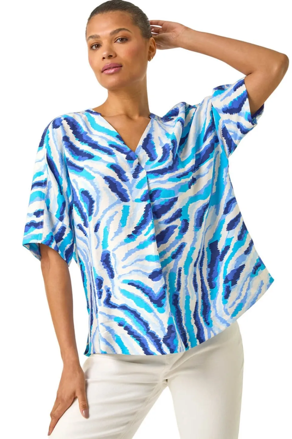 Tops>Roman Blue Animal Print Pleated Tunic Top